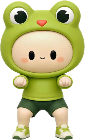 Squatoll mascot in a frog hoodie, mid-squat