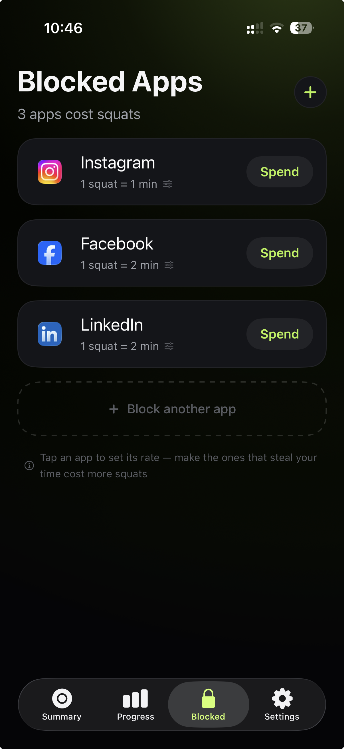 Squatoll Blocked Apps screen showing Instagram, Facebook and LinkedIn with their squat rates