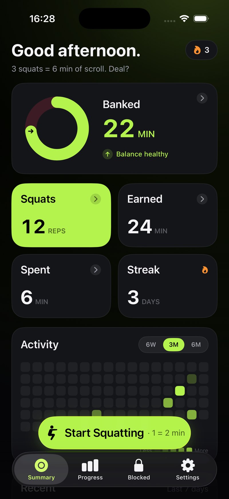 Squatoll home screen: 22 minutes banked