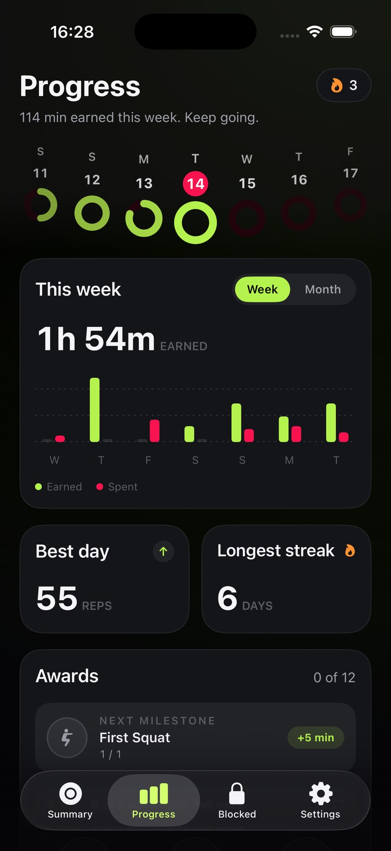 Squatoll progress screen: 1h 54m earned this week