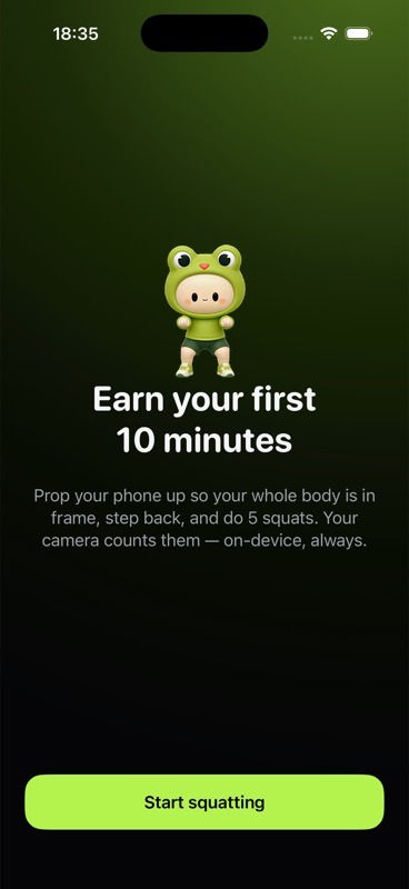 Squatoll session screen: earn your first 10 minutes
