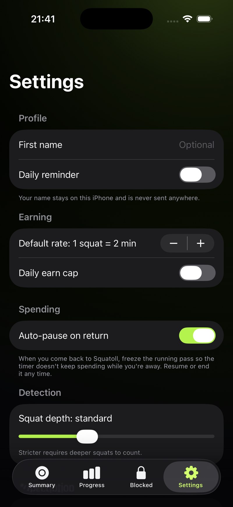 Squatoll settings screen: default rate 1 squat = 2 min, daily earn cap, squat depth